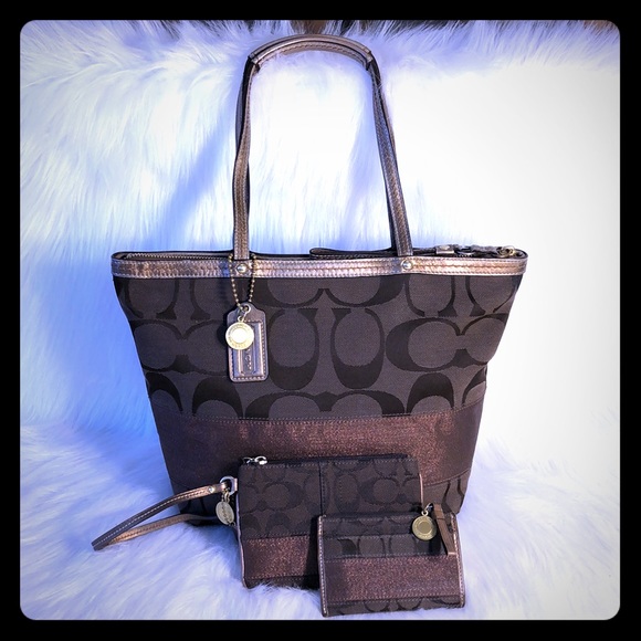 Coach Handbags - COACH Signature Brown stripe tote & wristlet SET